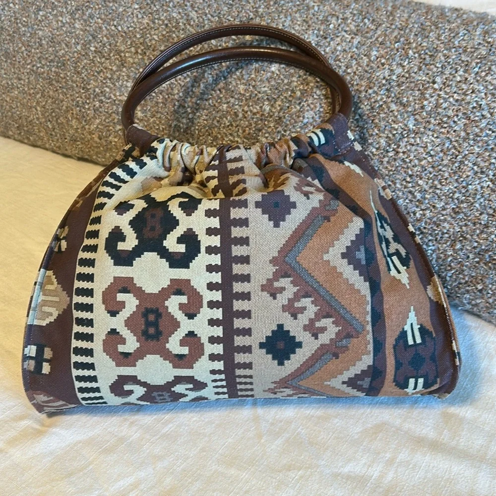 Vintage Southwestern Tribal Print Canvas Circle Handle Purse - Picture 3 of 11